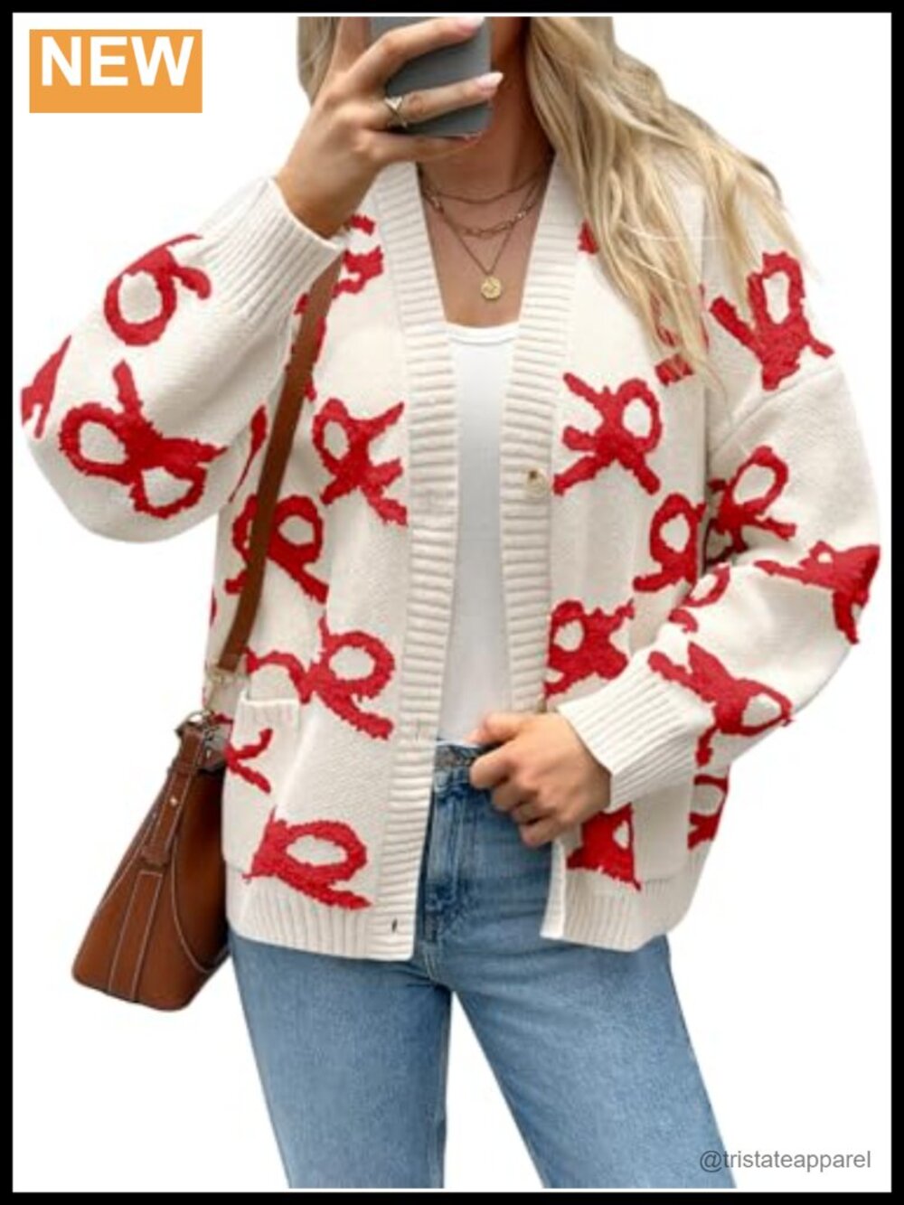 Chunky Knit V-Neck Cardigan with Bow Embroidery - Long Sleeve
